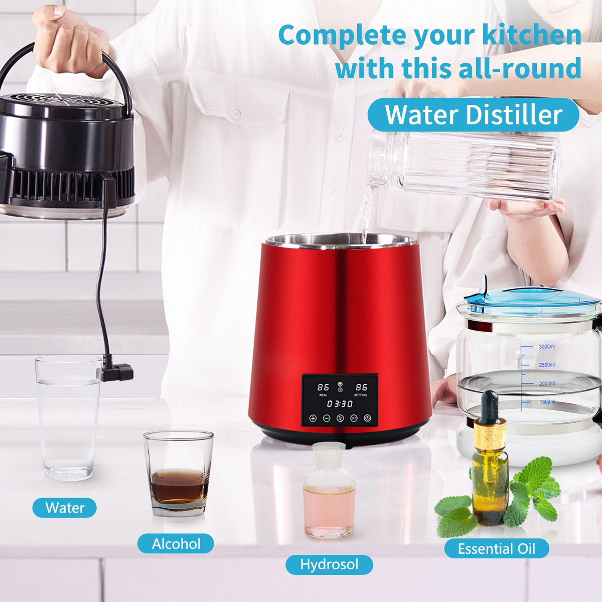 1.1Gal Water Distiller, 0.3Gal/H, 750W Distilled Water Maker Machine 0-99H Timing Dual Temp Display, 304 Stainless Steel Countertop Distiller Glass Carafe Cleaning Powder 3 Carbon Packs, Red