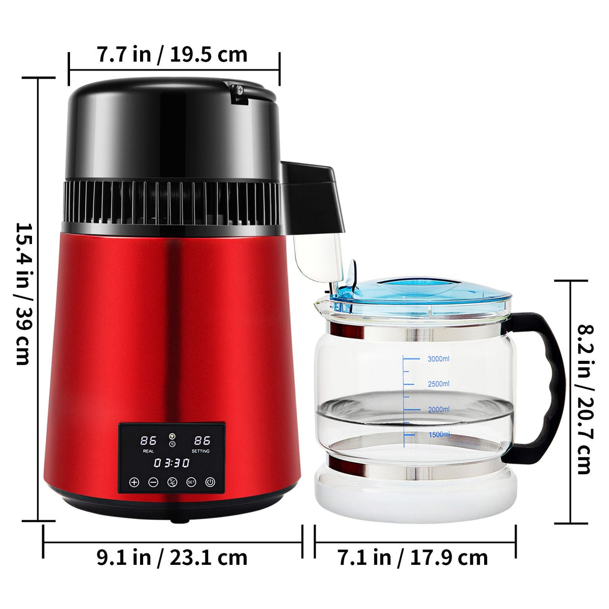 1.1Gal Water Distiller, 0.3Gal/H, 750W Distilled Water Maker Machine 0-99H Timing Dual Temp Display, 304 Stainless Steel Countertop Distiller Glass Carafe Cleaning Powder 3 Carbon Packs, Red