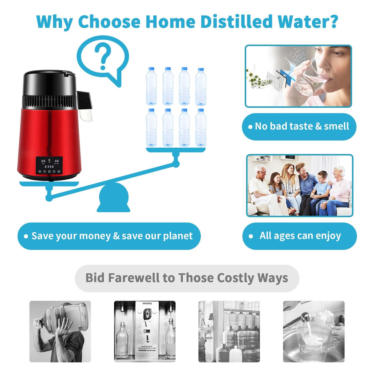 1.1Gal Water Distiller, 0.3Gal/H, 750W Distilled Water Maker Machine 0-99H Timing Dual Temp Display, 304 Stainless Steel Countertop Distiller Glass Carafe Cleaning Powder 3 Carbon Packs, Red
