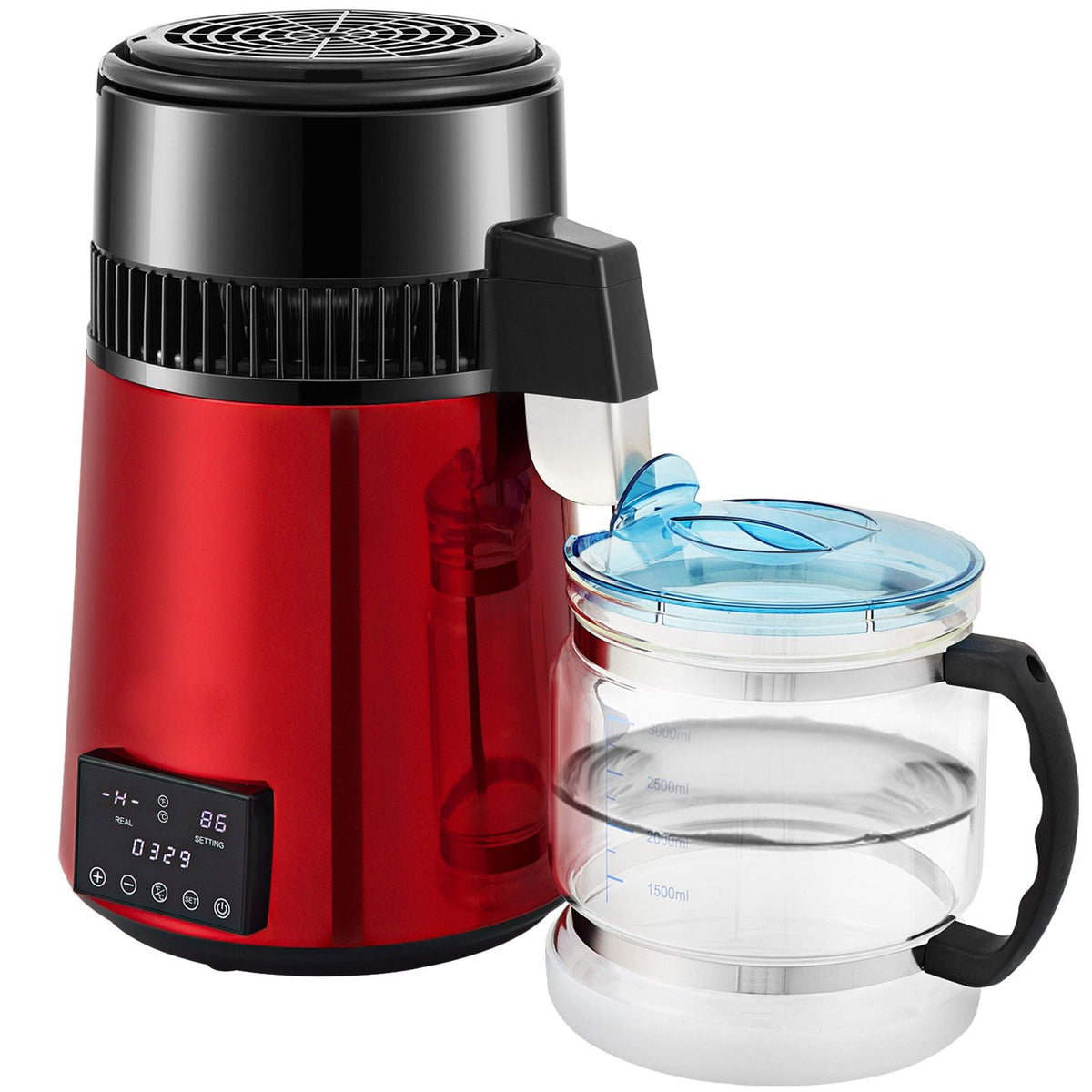 1.1Gal Water Distiller, 0.3Gal/H, 750W Distilled Water Maker Machine 0-99H Timing Dual Temp Display, 304 Stainless Steel Countertop Distiller Glass Carafe Cleaning Powder 3 Carbon Packs, Red