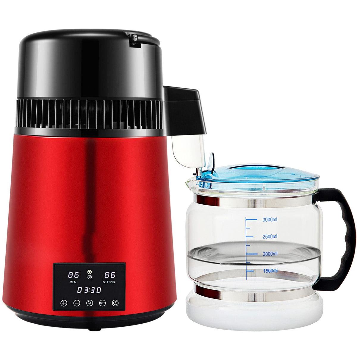 1.1Gal Water Distiller, 0.3Gal/H, 750W Distilled Water Maker Machine 0-99H Timing Dual Temp Display, 304 Stainless Steel Countertop Distiller Glass Carafe Cleaning Powder 3 Carbon Packs, Red