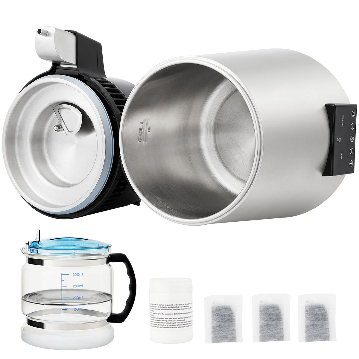 1.1Gal Water Distiller, 0.3Gal/H, 750W Distilled Water Maker Machine 0-99H Timing Dual Temp Display, 304 Stainless Steel Countertop Distiller Glass Carafe Cleaning Powder 3 Carbon Packs, Silver
