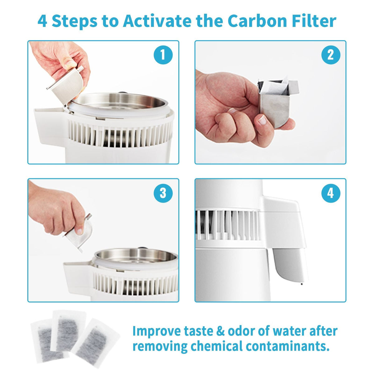 1.1Gal Water Distiller, 0.3Gal/H, 750W Distilled Water Maker Machine 0-99H Timing Set Temp Display, 304 Stainless Steel Countertop Distiller Plastic Carafe Cleaning Powder 3 Carbon Packs, White