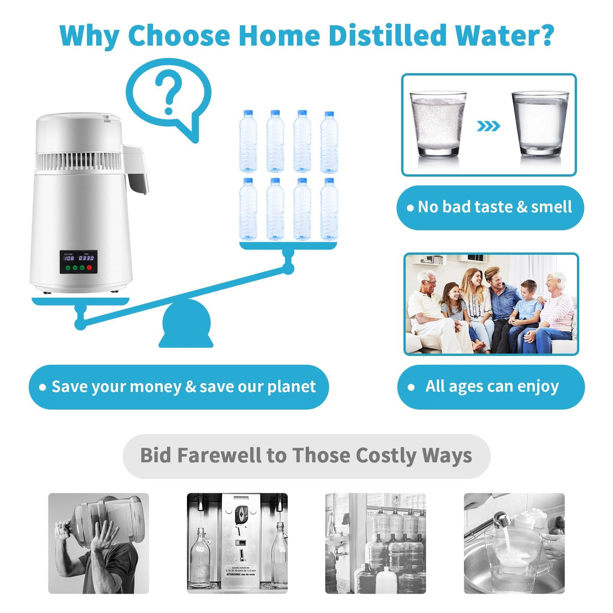 1.1Gal Water Distiller, 0.3Gal/H, 750W Distilled Water Maker Machine 0-99H Timing Set Temp Display, 304 Stainless Steel Countertop Distiller Plastic Carafe Cleaning Powder 3 Carbon Packs, White