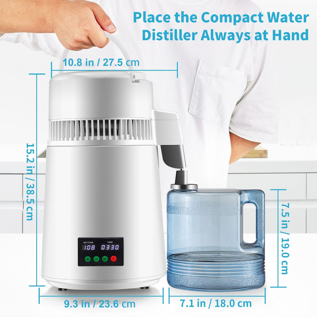 1.1Gal Water Distiller, 0.3Gal/H, 750W Distilled Water Maker Machine 0-99H Timing Set Temp Display, 304 Stainless Steel Countertop Distiller Plastic Carafe Cleaning Powder 3 Carbon Packs, White