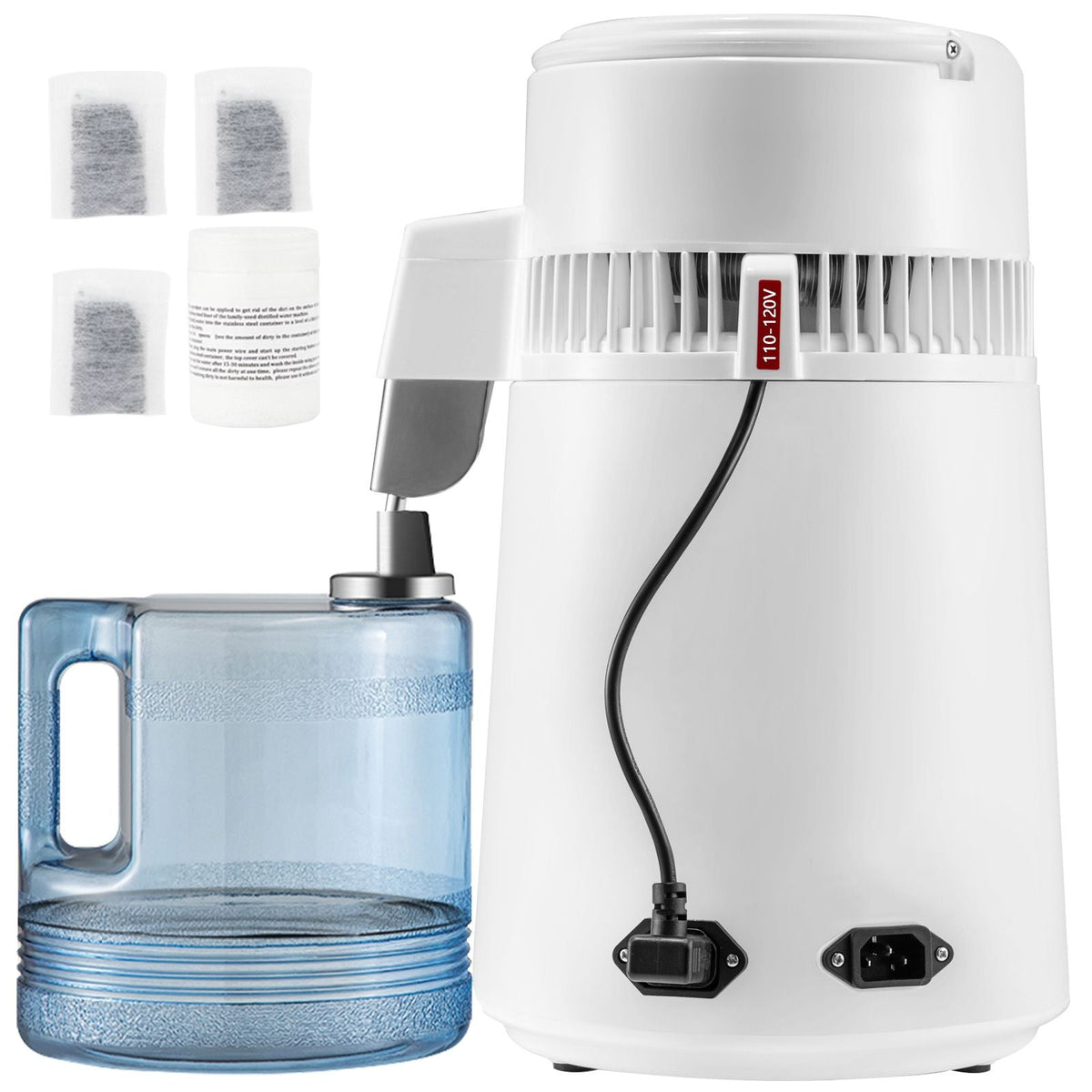 1.1Gal Water Distiller, 0.3Gal/H, 750W Distilled Water Maker Machine 0-99H Timing Set Temp Display, 304 Stainless Steel Countertop Distiller Plastic Carafe Cleaning Powder 3 Carbon Packs, White