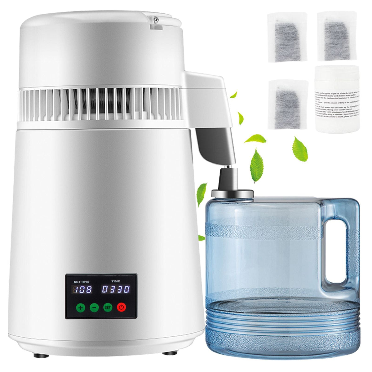 1.1Gal Water Distiller, 0.3Gal/H, 750W Distilled Water Maker Machine 0-99H Timing Set Temp Display, 304 Stainless Steel Countertop Distiller Plastic Carafe Cleaning Powder 3 Carbon Packs, White