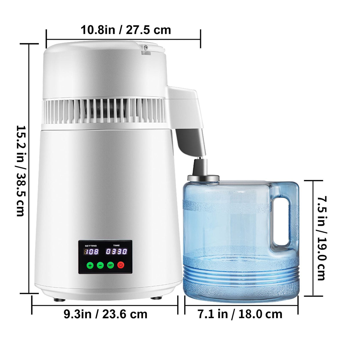 1.1Gal Water Distiller, 0.3Gal/H, 750W Distilled Water Maker Machine 0-99H Timing Set Temp Display, 304 Stainless Steel Countertop Distiller Plastic Carafe Cleaning Powder 3 Carbon Packs, White
