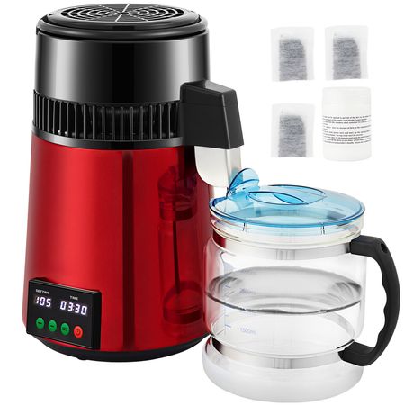 1.1Gal Water Distiller, 0.3Gal/H, 750W Distilled Water Maker Machine 0-99H Timing Setting Temp Display, 304 Stainless Steel Countertop Distiller Glass Carafe Cleaning Powder 3 Carbon Packs, Red
