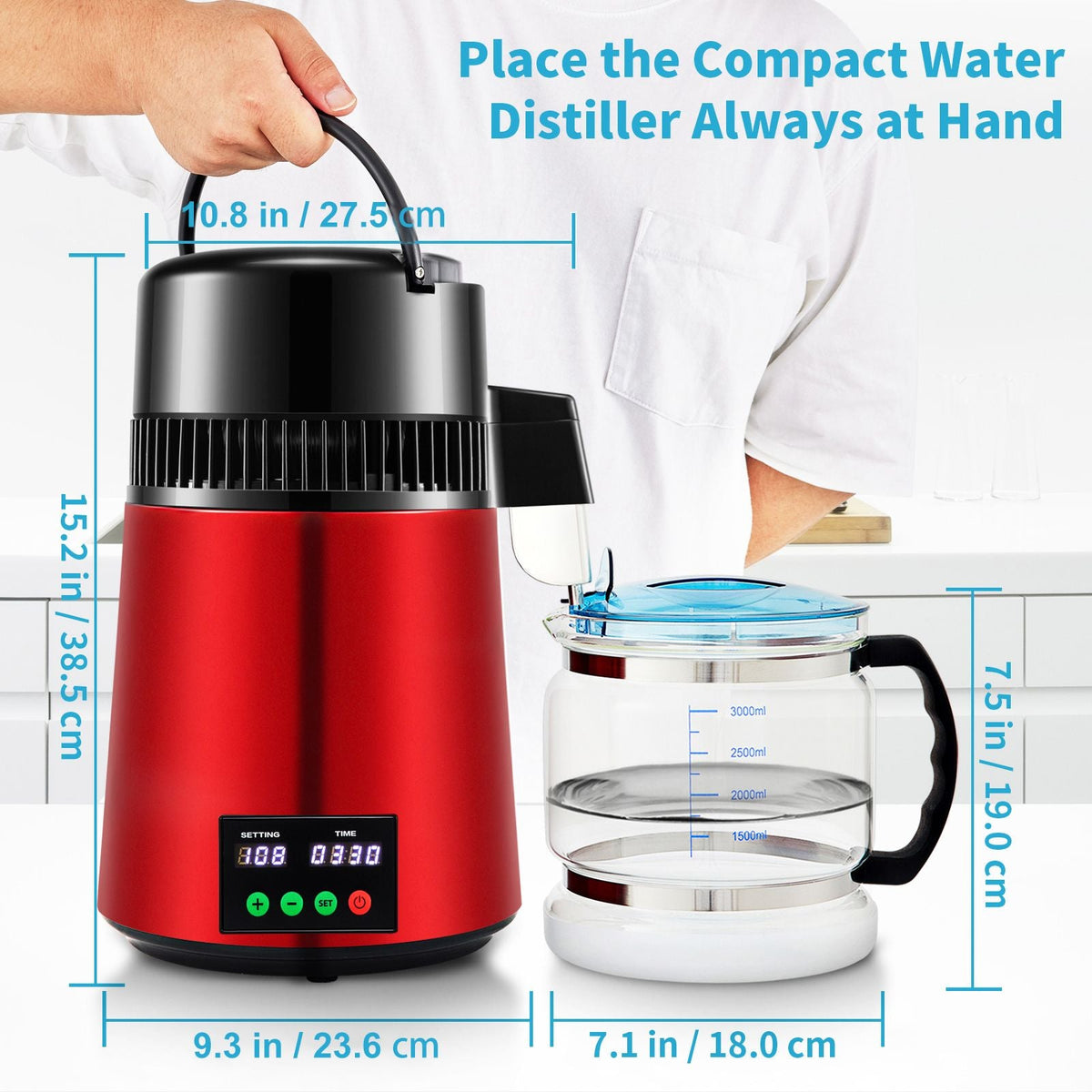 1.1Gal Water Distiller, 0.3Gal/H, 750W Distilled Water Maker Machine 0-99H Timing Setting Temp Display, 304 Stainless Steel Countertop Distiller Glass Carafe Cleaning Powder 3 Carbon Packs, Red