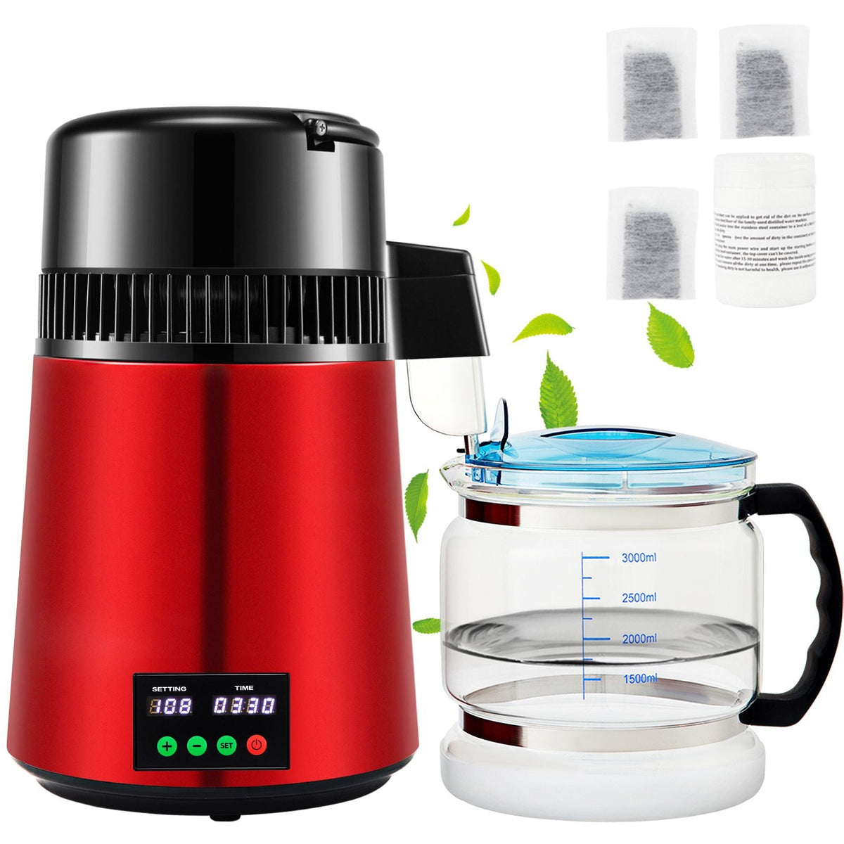 1.1Gal Water Distiller, 0.3Gal/H, 750W Distilled Water Maker Machine 0-99H Timing Setting Temp Display, 304 Stainless Steel Countertop Distiller Glass Carafe Cleaning Powder 3 Carbon Packs, Red