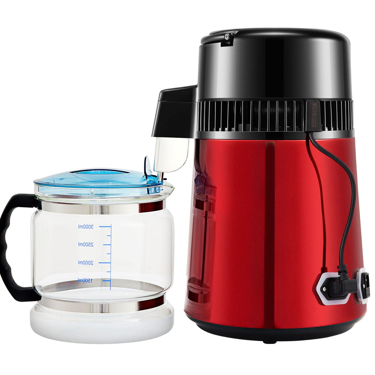 1.1Gal Water Distiller, 0.3Gal/H, 750W Distilled Water Maker Machine 0-99H Timing Setting Temp Display, 304 Stainless Steel Countertop Distiller Glass Carafe Cleaning Powder 3 Carbon Packs, Red