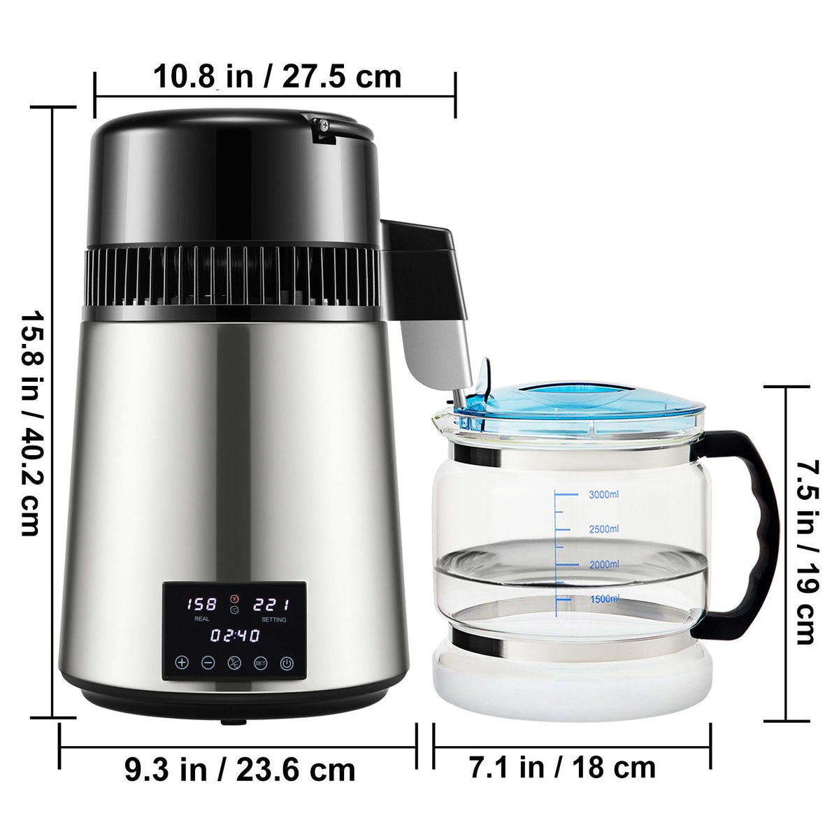 1.1Gal Water Distiller, 0.4Gal/H, Distilled Water Maker Machine 1750W 0-99H Timing Dual Temp Display, 304 Stainless Steel Countertop Distiller Glass Carafe Cleaning Powder 3 Carbon Packs, Silver