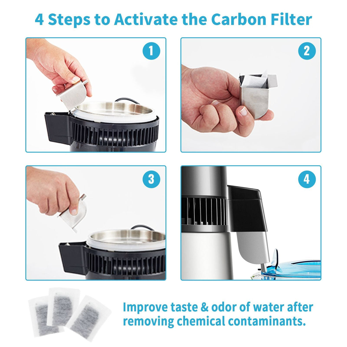 1.1Gal Water Distiller, 0.4Gal/H, Distilled Water Maker Machine 1750W 0-99H Timing Dual Temp Display, 304 Stainless Steel Countertop Distiller Glass Carafe Cleaning Powder 3 Carbon Packs, Silver