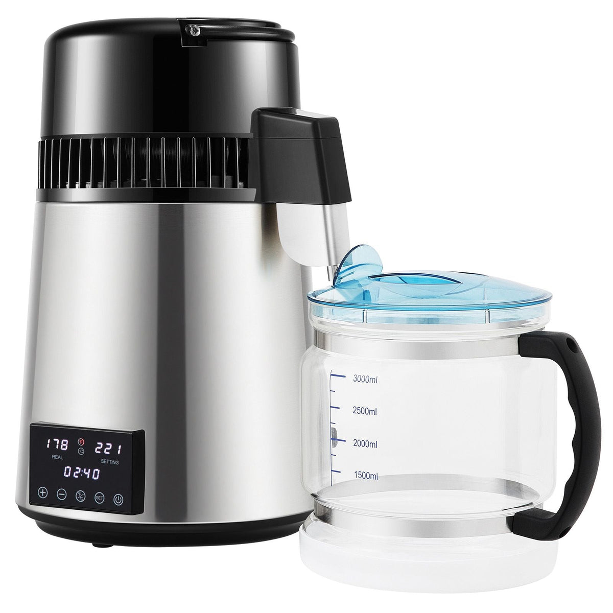 1.1Gal Water Distiller, 0.4Gal/H, Distilled Water Maker Machine 1750W 0-99H Timing Dual Temp Display, 304 Stainless Steel Countertop Distiller Glass Carafe Cleaning Powder 3 Carbon Packs, Silver