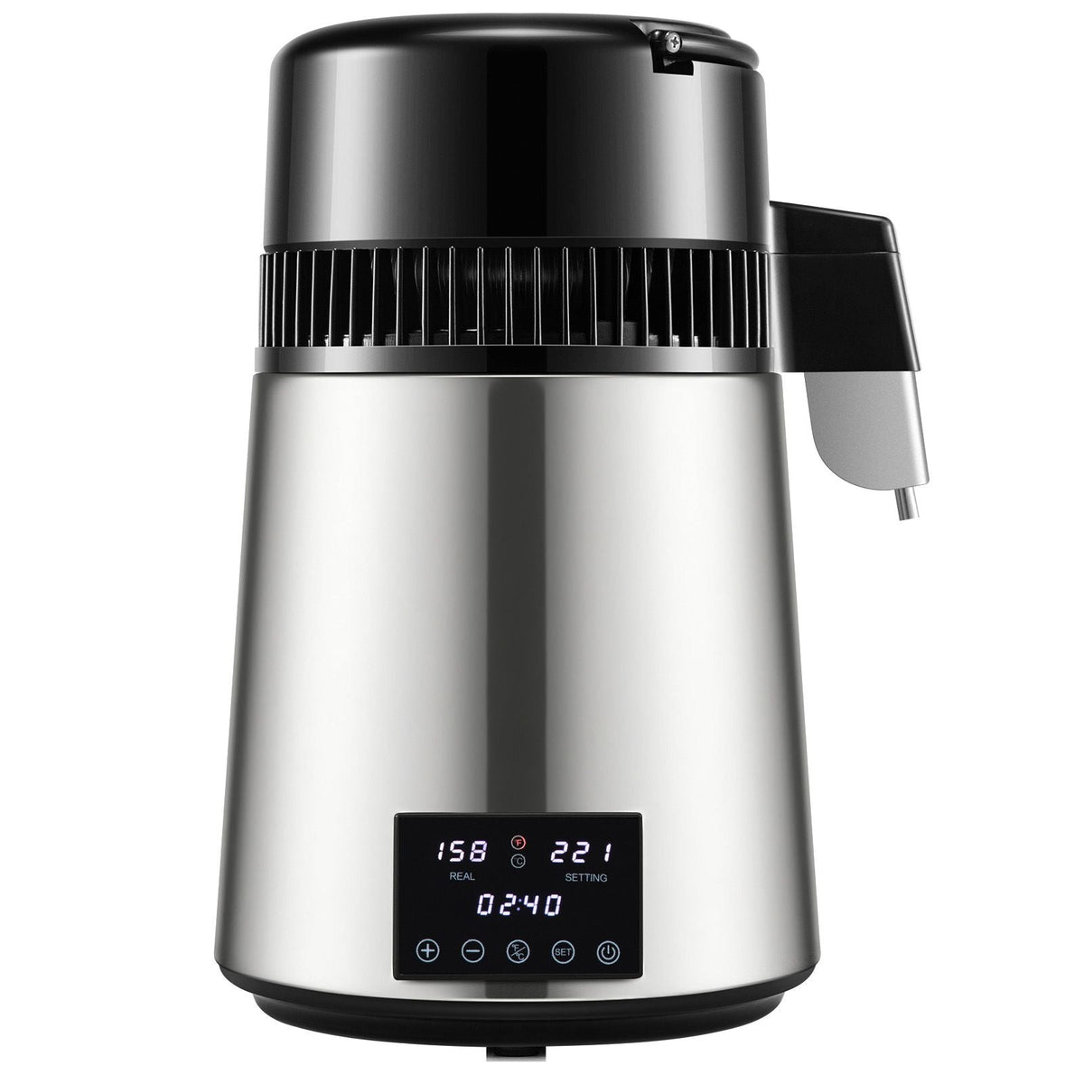 1.1Gal Water Distiller, 0.4Gal/H, Distilled Water Maker Machine 1750W 0-99H Timing Dual Temp Display, 304 Stainless Steel Countertop Distiller Glass Carafe Cleaning Powder 3 Carbon Packs, Silver