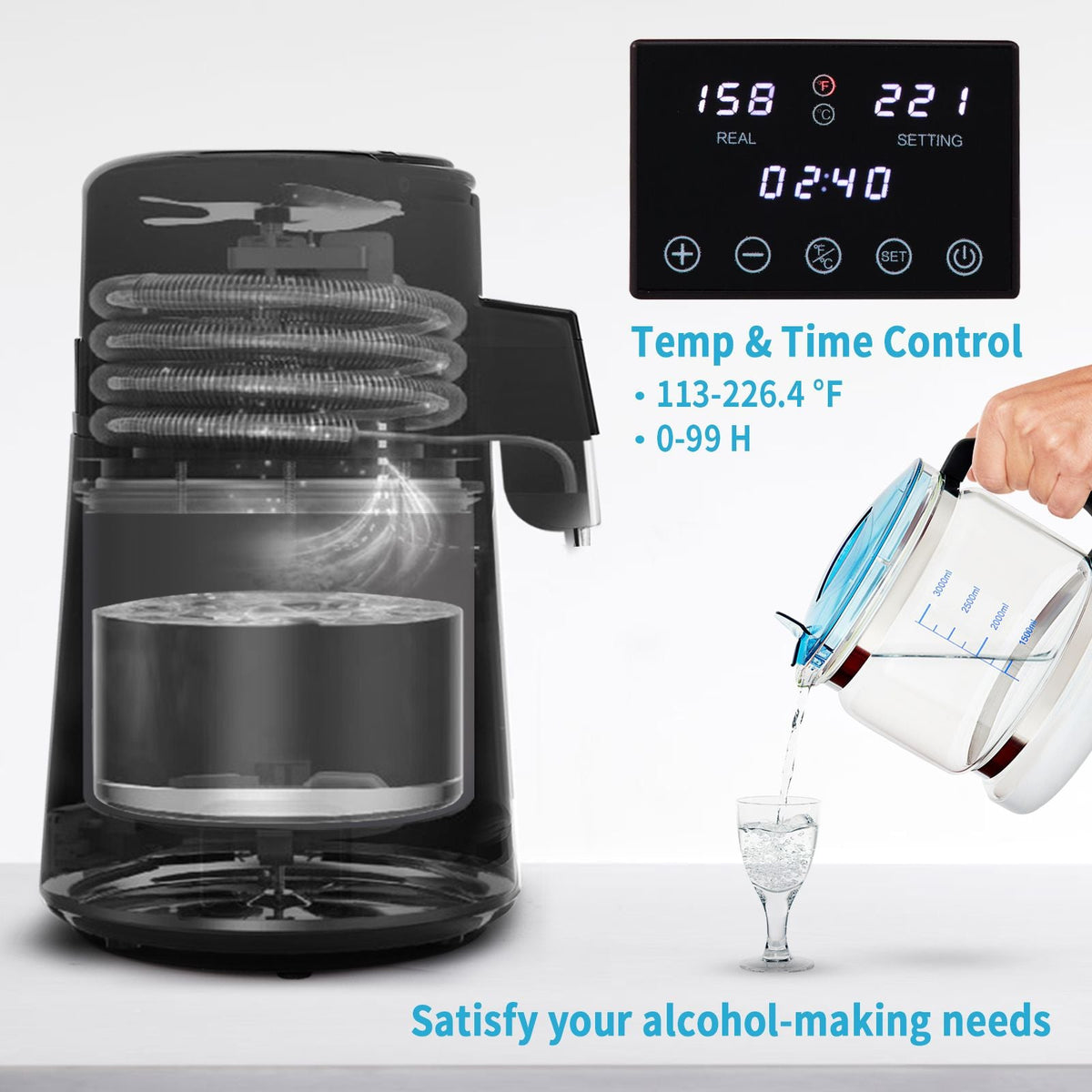 1.1Gal Water Distiller, 0.4Gal/H, Distilled Water Maker Machine 1750W 0-99H Timing Dual Temp Display, 304 Stainless Steel Countertop Distiller Glass Carafe Cleaning Powder 3 Carbon Packs, Silver