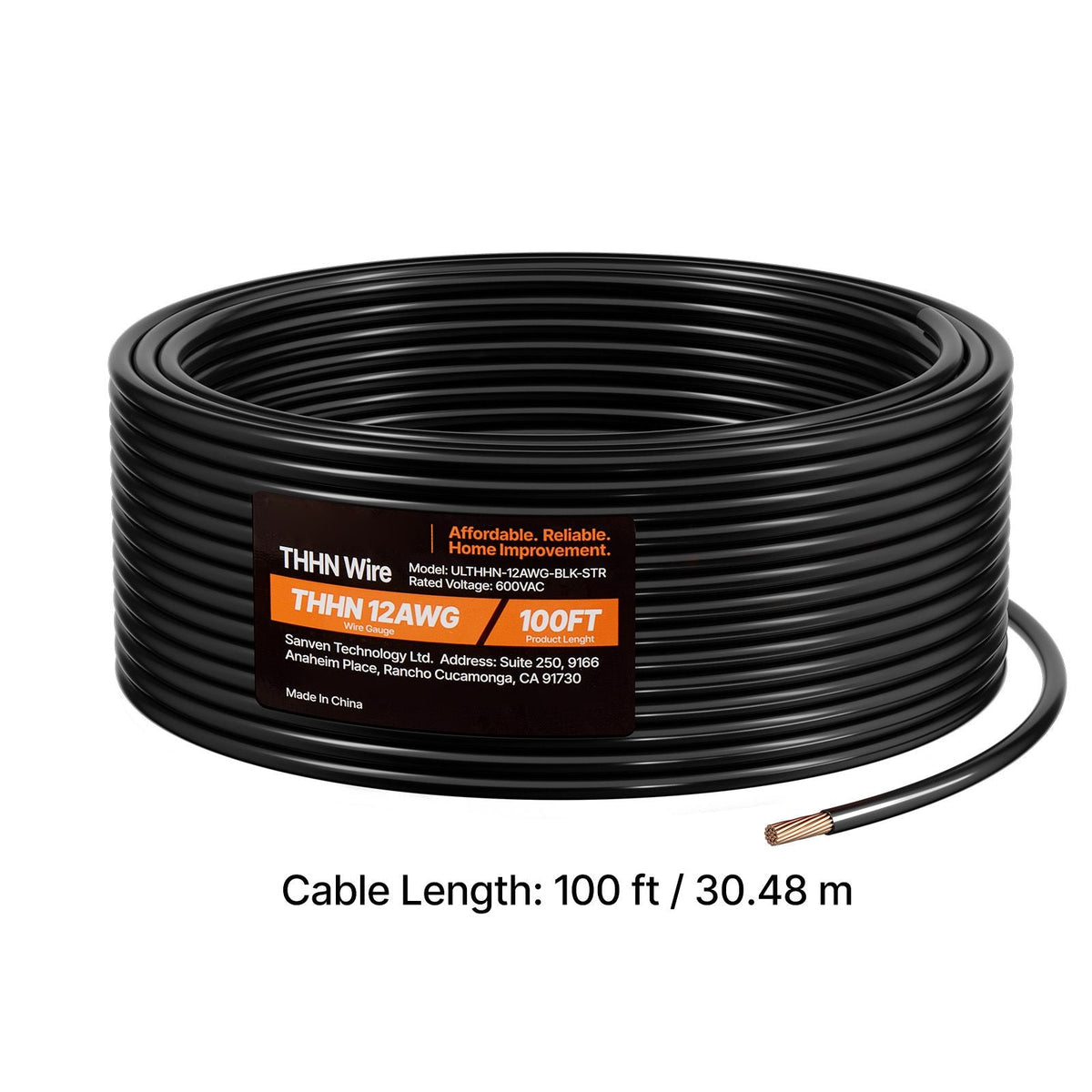 12 AWG THHN Wire, 19-Stranded, 100% OFC Copper Electrical Building Wire with Nylon Jacket, Rated for Up to 600 Volts, for Indoor Outdoor Use, Commercial, Industrial, Residential, Black (100 ft)