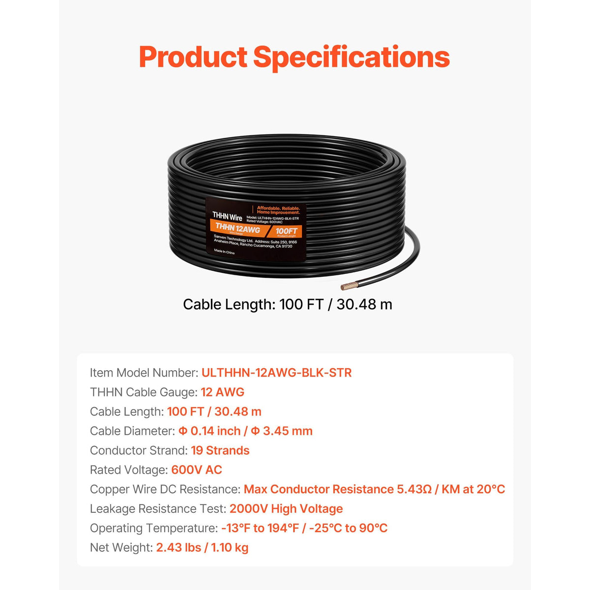 12 AWG THHN Wire, 19-Stranded, 100% OFC Copper Electrical Building Wire with Nylon Jacket, Rated for Up to 600 Volts, for Indoor Outdoor Use, Commercial, Industrial, Residential, Black (100 ft)