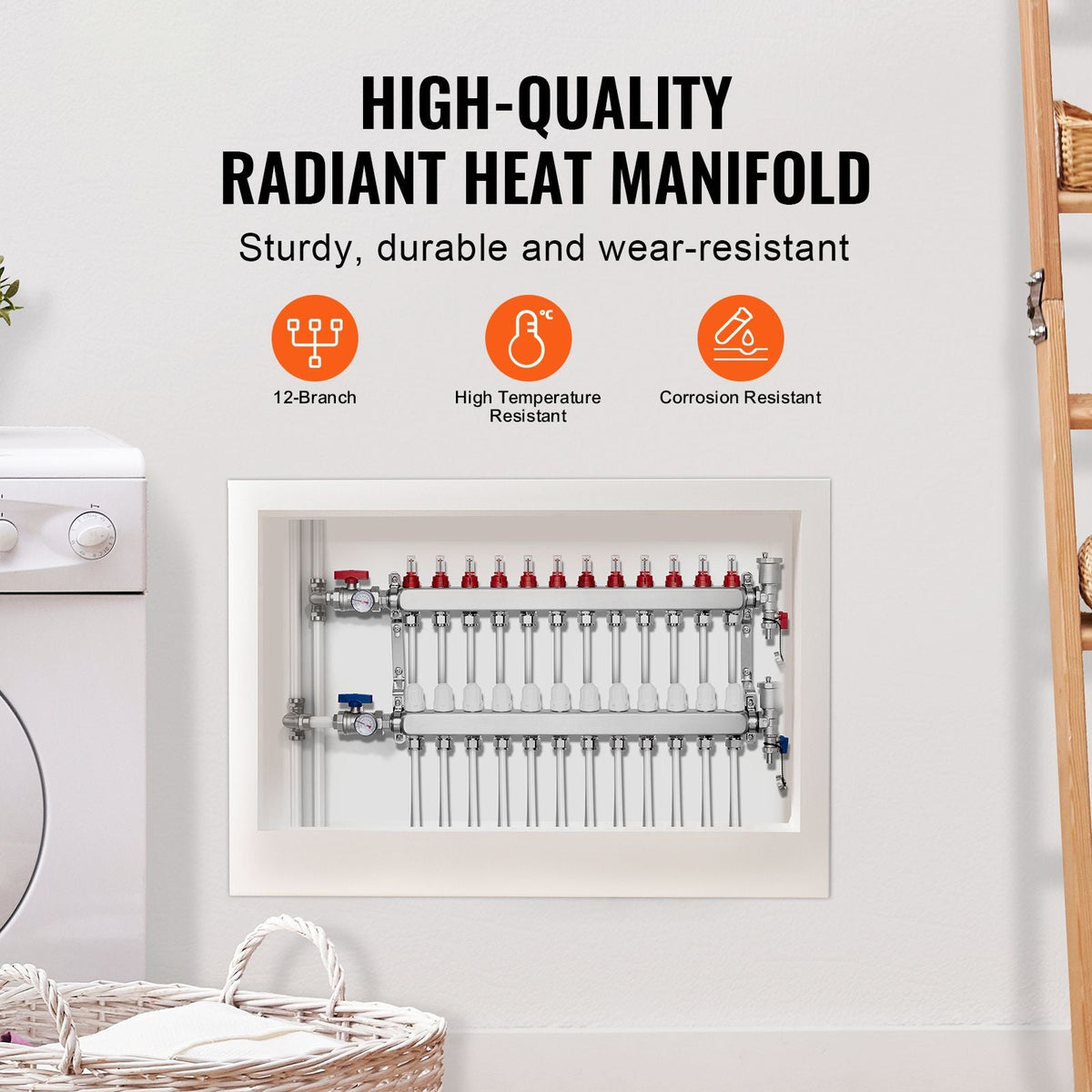 12-Branch Radiant Heat Manifold, 1/2" PEX Tubing Manifold, Stainless Steel PEX Manifold for Hydronic Radiant Floor Heating, Radiant Heat PEX Manifold Kit with 1/2" Adapters Included
