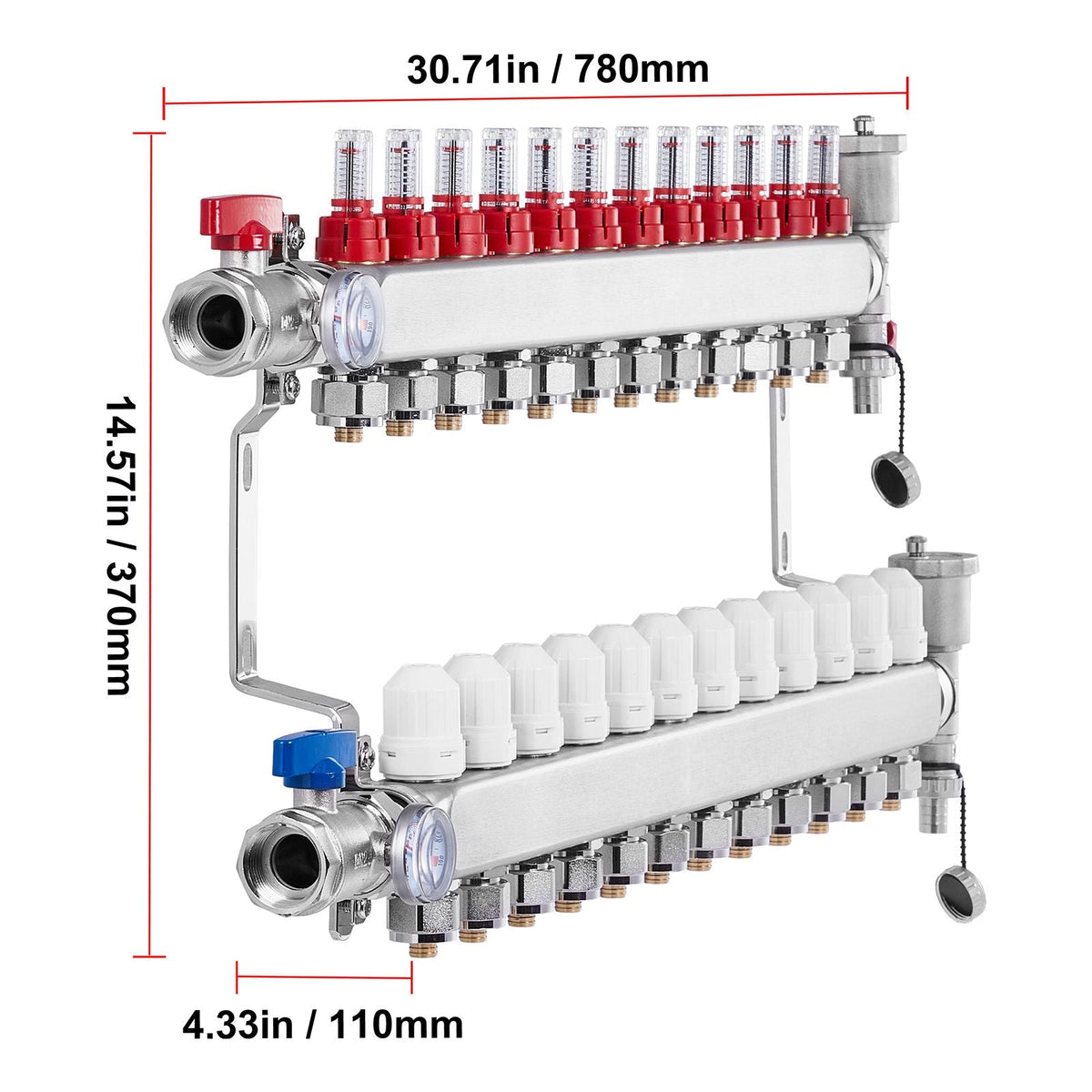12-Branch Radiant Heat Manifold, 1/2" PEX Tubing Manifold, Stainless Steel PEX Manifold for Hydronic Radiant Floor Heating, Radiant Heat PEX Manifold Kit with 1/2" Adapters Included