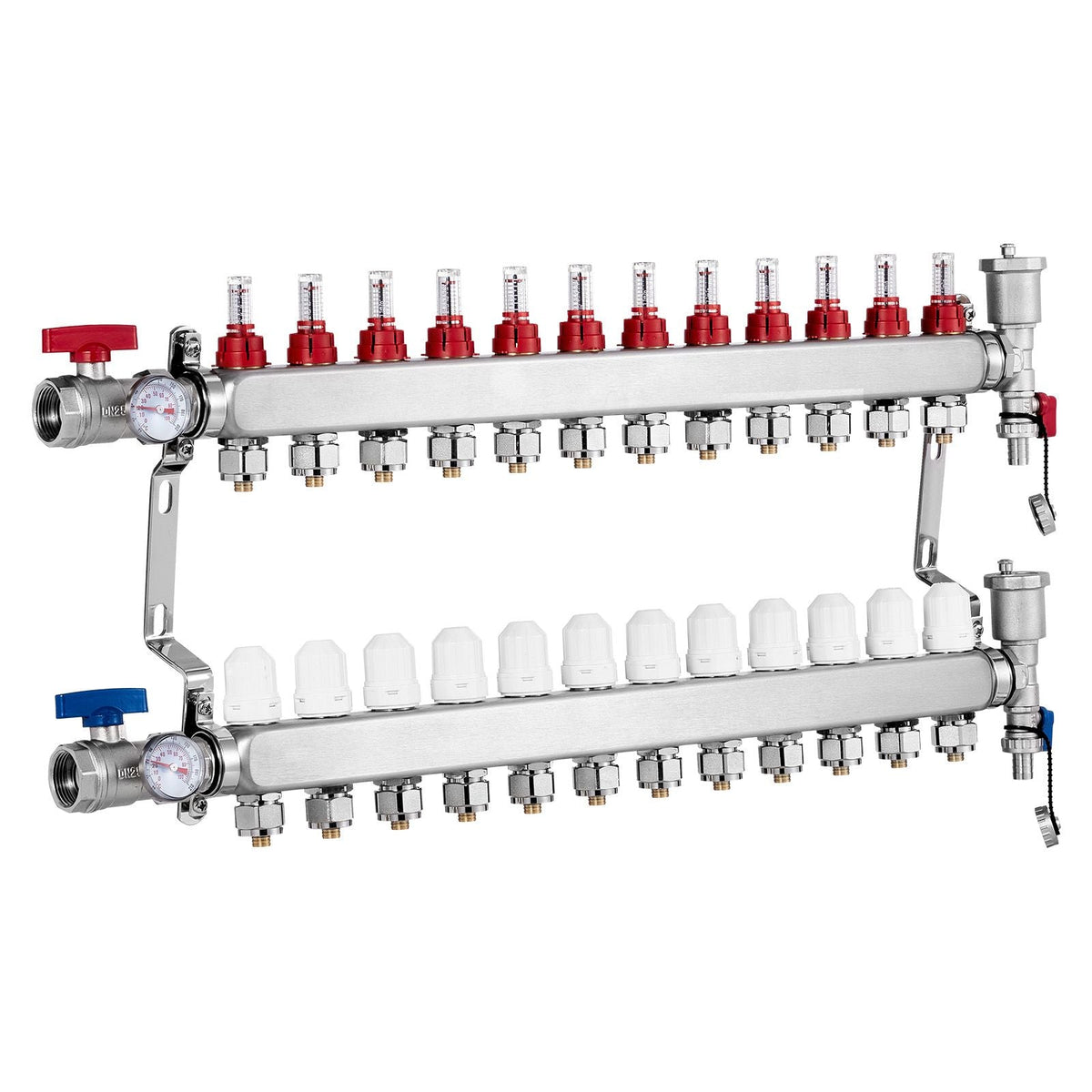 12-Branch Radiant Heat Manifold, 1/2" PEX Tubing Manifold, Stainless Steel PEX Manifold for Hydronic Radiant Floor Heating, Radiant Heat PEX Manifold Kit with 1/2" Adapters Included