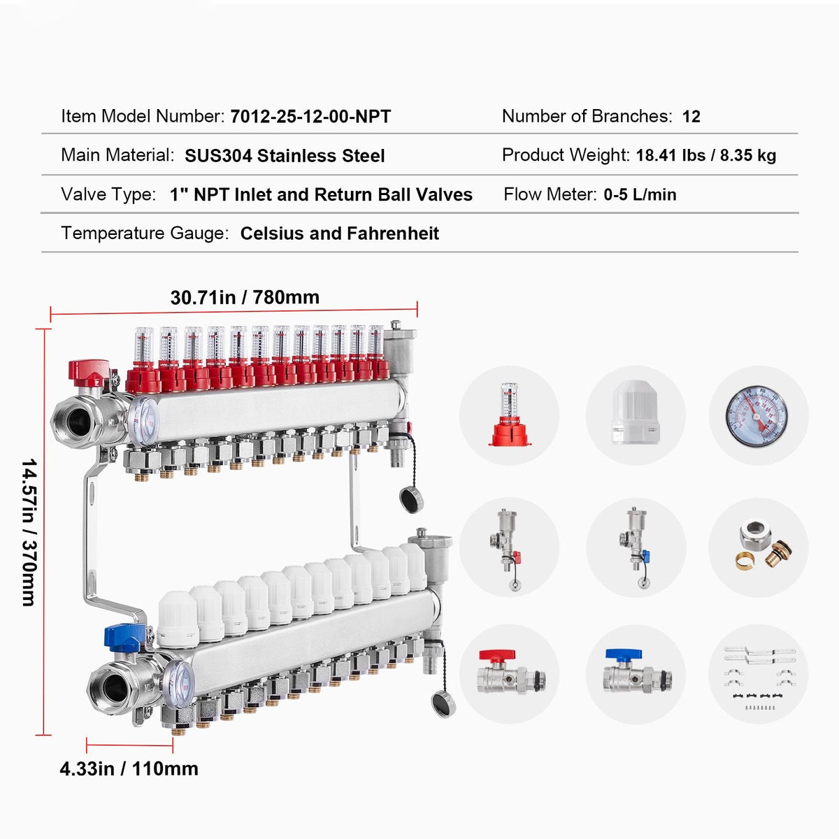 12-Branch Radiant Heat Manifold, 1/2" PEX Tubing Manifold, Stainless Steel PEX Manifold for Hydronic Radiant Floor Heating, Radiant Heat PEX Manifold Kit with 1/2" Adapters Included