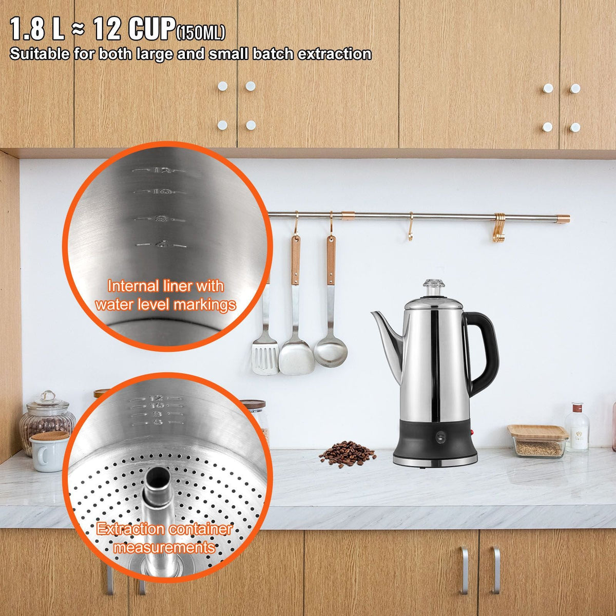 12-Cup Electric Percolator Coffee Pot, 304 Stainless Steel Coffee Percolator with Keep Warm Function & Heat-Resistant Handle, Classic Coffee Maker, Quick Brew & Easy-Pour Spout, Silver