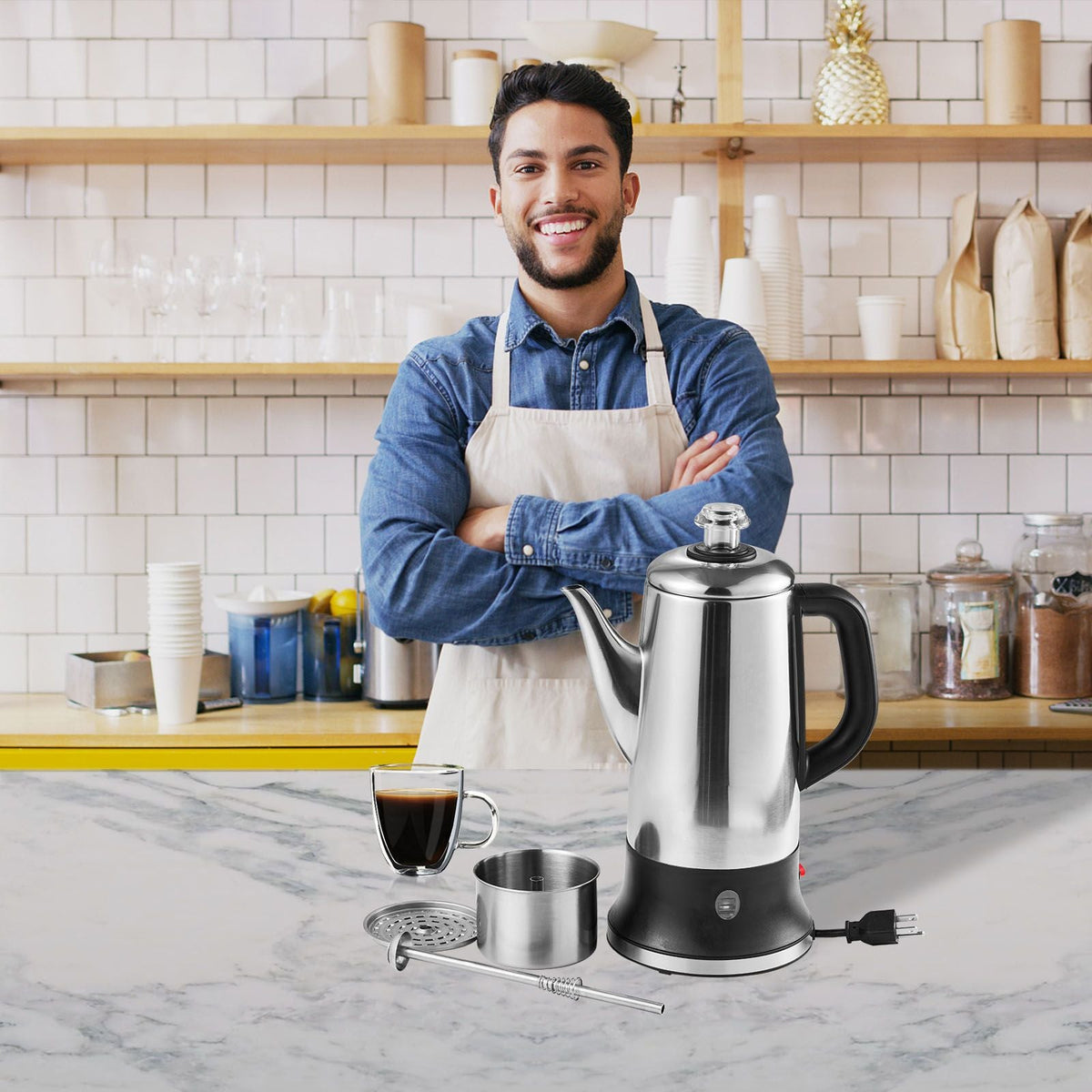 12-Cup Electric Percolator Coffee Pot, 304 Stainless Steel Coffee Percolator with Keep Warm Function & Heat-Resistant Handle, Classic Coffee Maker, Quick Brew & Easy-Pour Spout, Silver