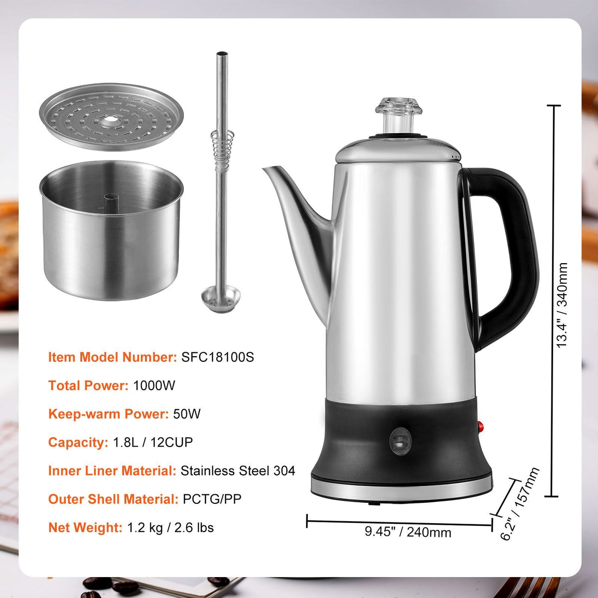 12-Cup Electric Percolator Coffee Pot, 304 Stainless Steel Coffee Percolator with Keep Warm Function & Heat-Resistant Handle, Classic Coffee Maker, Quick Brew & Easy-Pour Spout, Silver