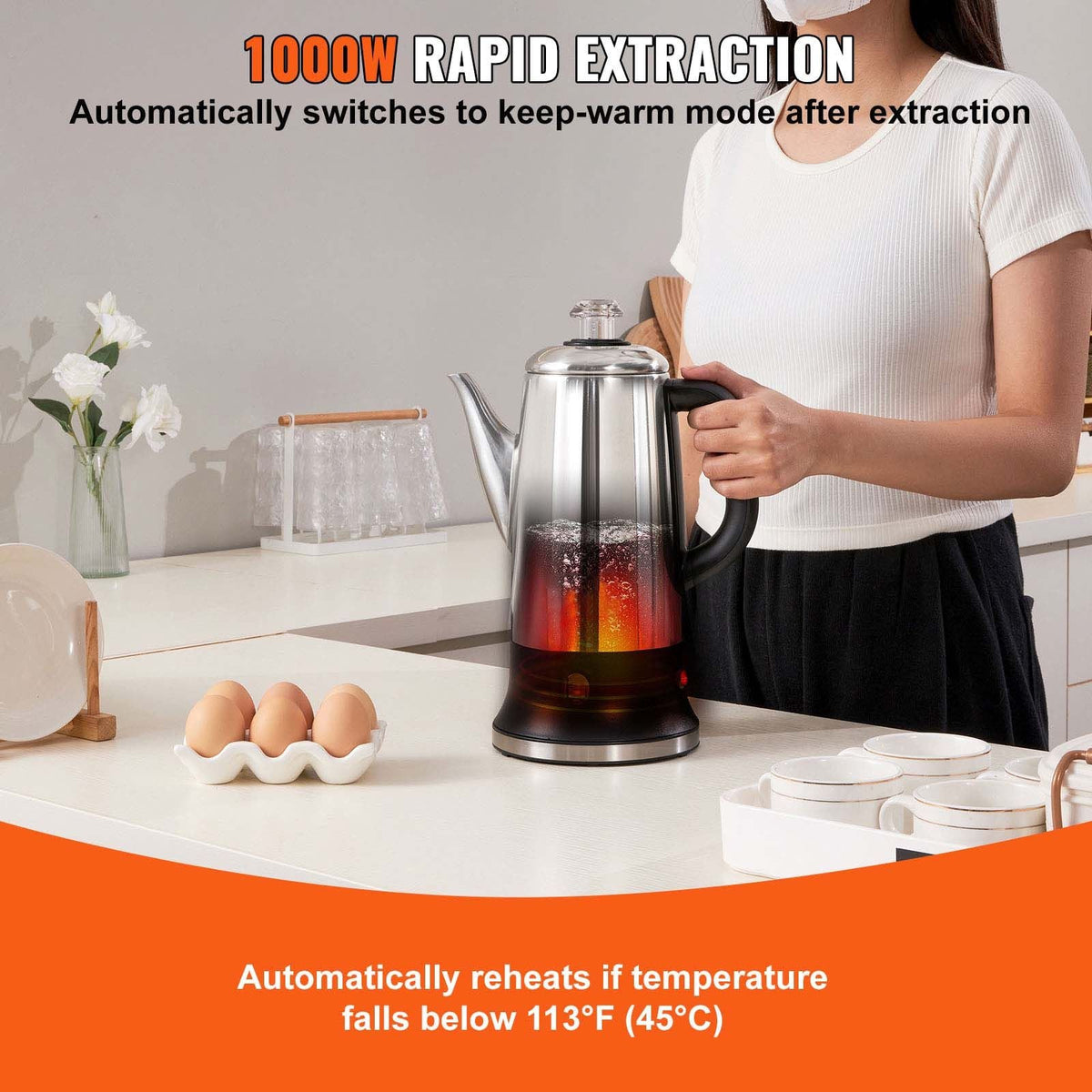 12-Cup Electric Percolator Coffee Pot, 304 Stainless Steel Coffee Percolator with Keep Warm Function & Heat-Resistant Handle, Classic Coffee Maker, Quick Brew & Easy-Pour Spout, Silver