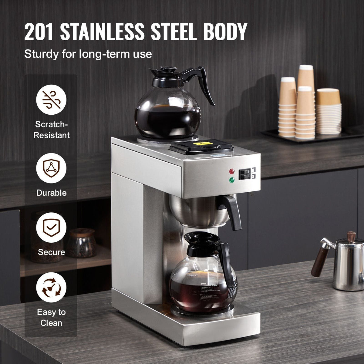 12 Cups Commercial Drip Coffee Maker, Coffee Maker Machine with 2 Glass Carafes and 2 Warmer Plates, Stainless Steel Pour Over Coffee Brewer for Restaurant, Office, Cafe