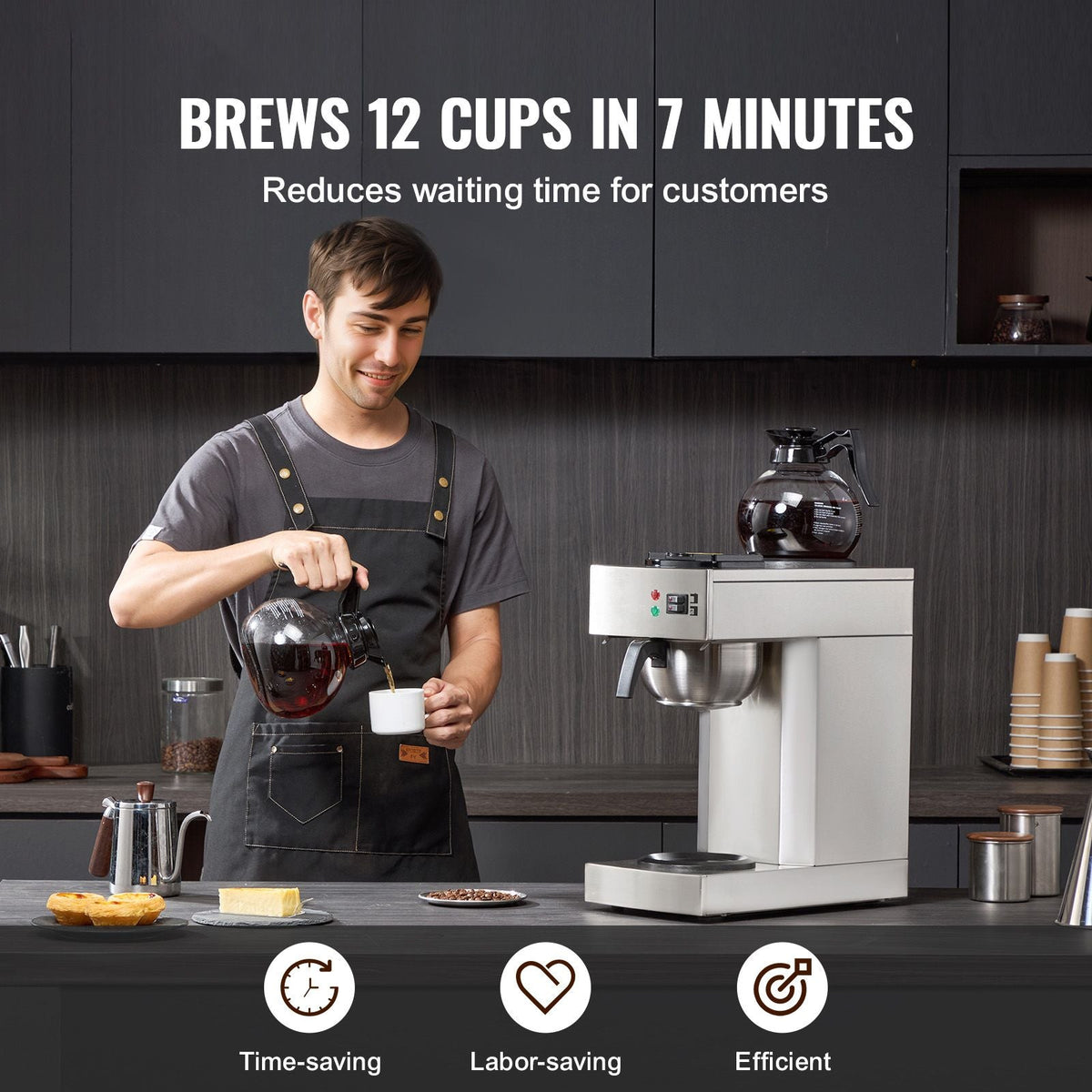 12 Cups Commercial Drip Coffee Maker, Coffee Maker Machine with 2 Glass Carafes and 2 Warmer Plates, Stainless Steel Pour Over Coffee Brewer for Restaurant, Office, Cafe