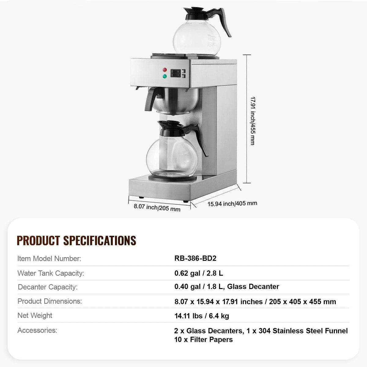 12 Cups Commercial Drip Coffee Maker, Coffee Maker Machine with 2 Glass Carafes and 2 Warmer Plates, Stainless Steel Pour Over Coffee Brewer for Restaurant, Office, Cafe