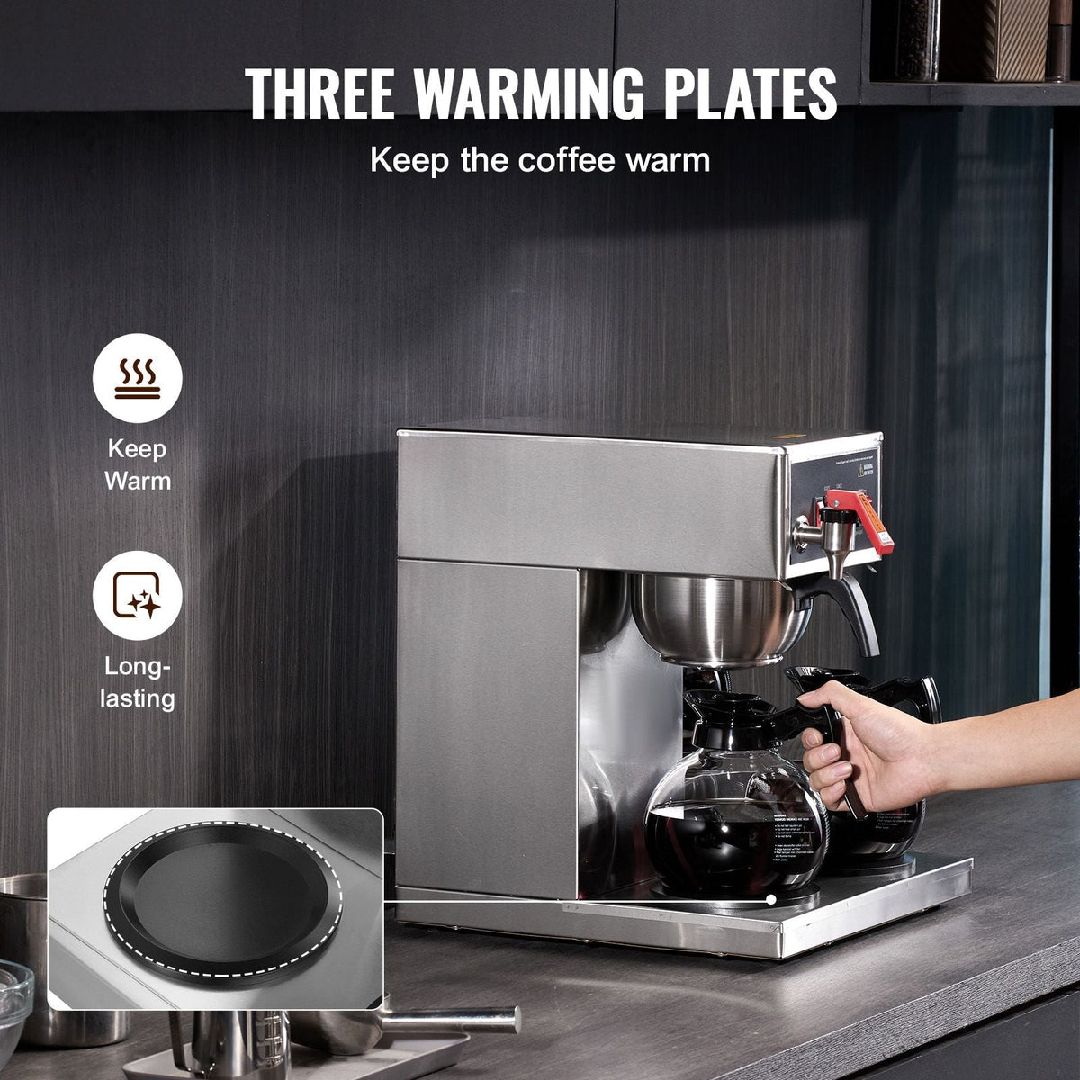 12 Cups Commercial Drip Coffee Maker, Coffee Maker Machine with 3 Glass Carafes and 3 Warmer Plates, Stainless Steel Pour Over Coffee Brewer for Restaurant, Office, Cafe