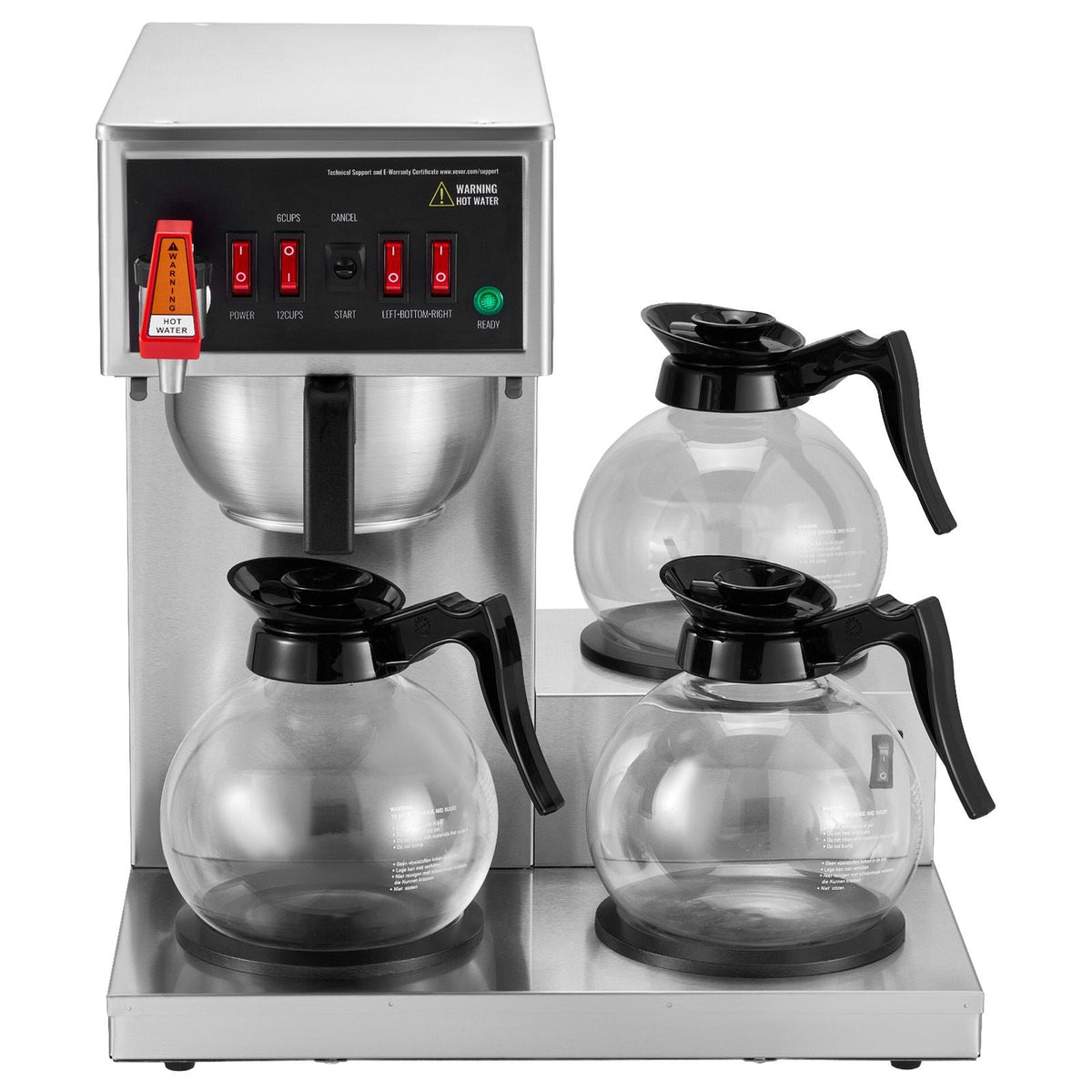 12 Cups Commercial Drip Coffee Maker, Coffee Maker Machine with 3 Glass Carafes and 3 Warmer Plates, Stainless Steel Pour Over Coffee Brewer for Restaurant, Office, Cafe