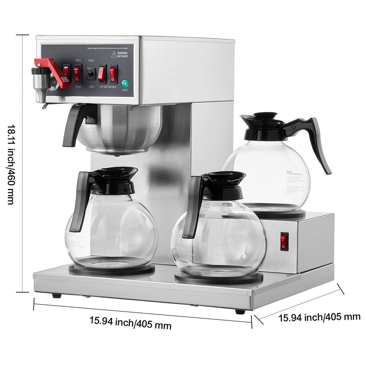 12 Cups Commercial Drip Coffee Maker, Coffee Maker Machine with 3 Glass Carafes and 3 Warmer Plates, Stainless Steel Pour Over Coffee Brewer for Restaurant, Office, Cafe