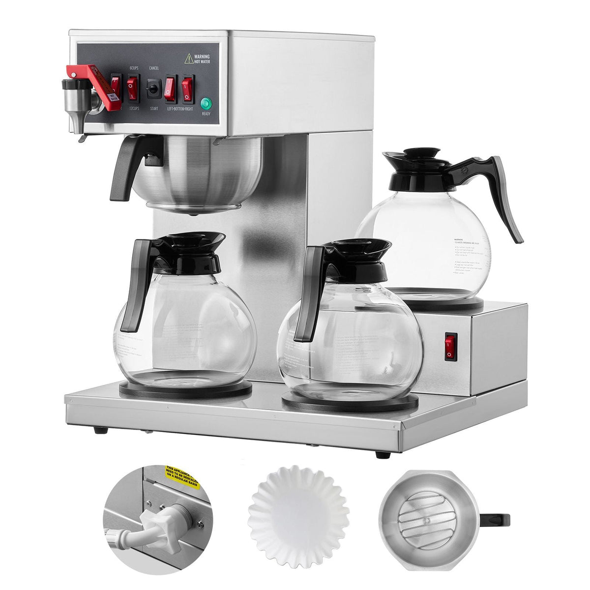 12 Cups Commercial Drip Coffee Maker, Coffee Maker Machine with 3 Glass Carafes and 3 Warmer Plates, Stainless Steel Pour Over Coffee Brewer for Restaurant, Office, Cafe