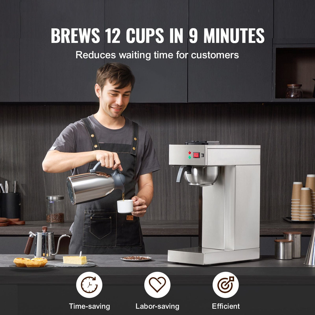 12 Cups Commercial Drip Coffee Maker, Coffee Maker Machine with Thermal Carafe to Keep Warm or Cold, Stainless Steel Pour Over Coffee Brewer for Restaurant, Office, Cafe