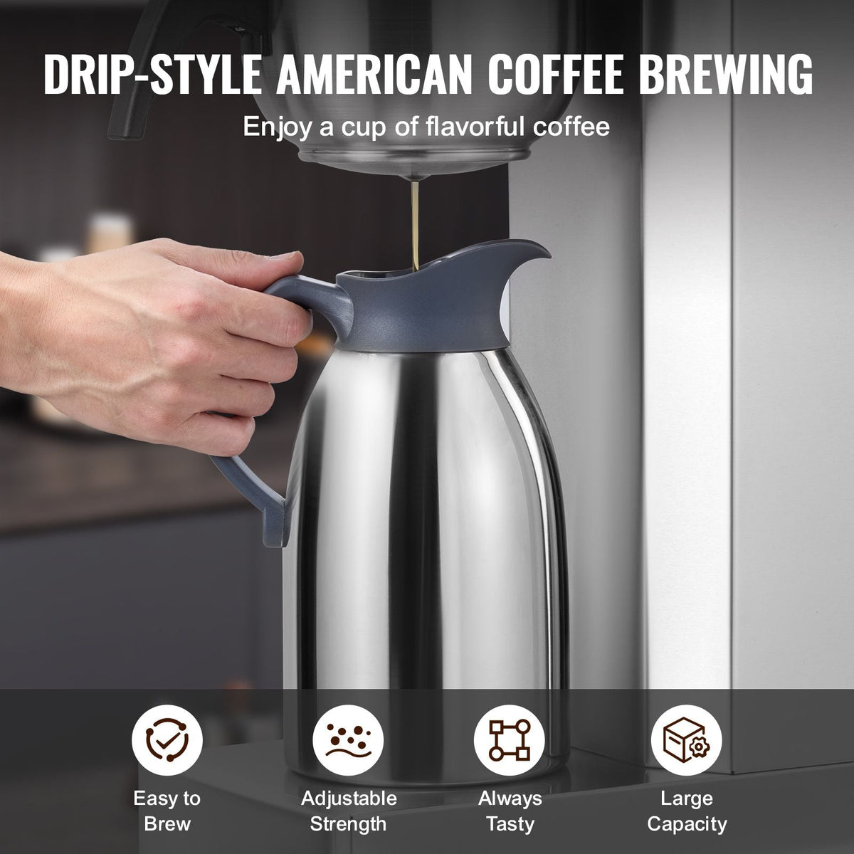 12 Cups Commercial Drip Coffee Maker, Coffee Maker Machine with Thermal Carafe to Keep Warm or Cold, Stainless Steel Pour Over Coffee Brewer for Restaurant, Office, Cafe