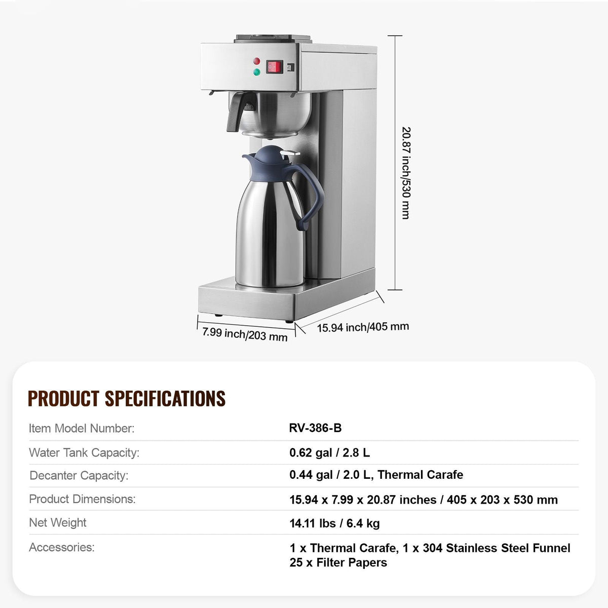 12 Cups Commercial Drip Coffee Maker, Coffee Maker Machine with Thermal Carafe to Keep Warm or Cold, Stainless Steel Pour Over Coffee Brewer for Restaurant, Office, Cafe