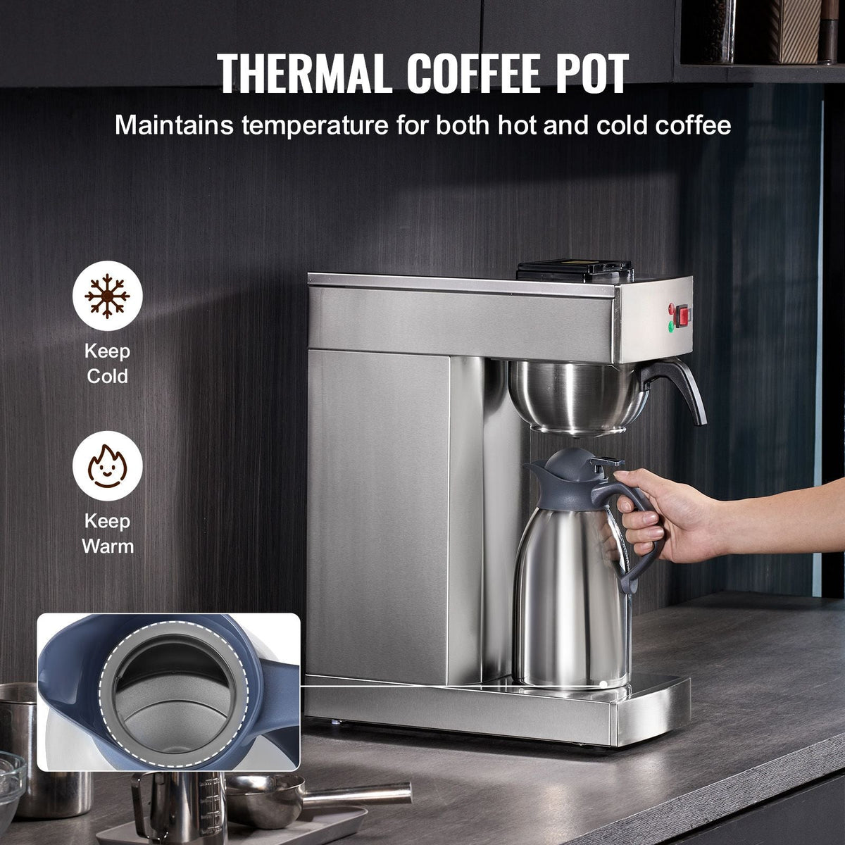 12 Cups Commercial Drip Coffee Maker, Coffee Maker Machine with Thermal Carafe to Keep Warm or Cold, Stainless Steel Pour Over Coffee Brewer for Restaurant, Office, Cafe