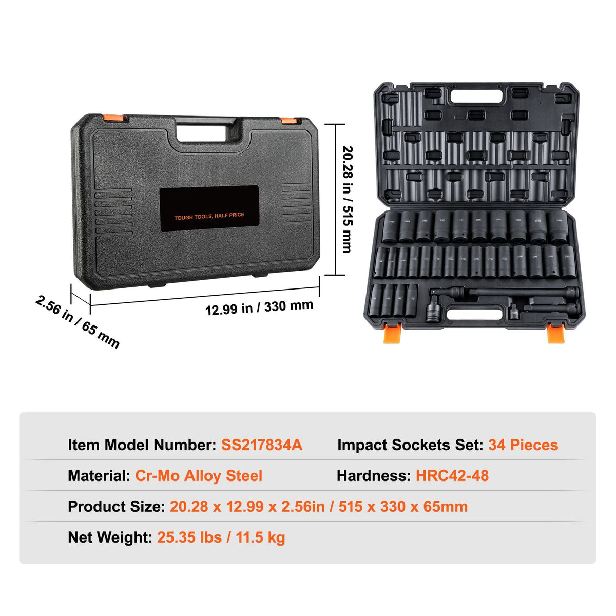 1/2" Drive Deep Impact Socket Set, 34pcs Socket Set Metric (8-36mm) 6 Point Cr-MO Alloy Steel for Auto Repair, Rugged Construction, Includes Heavy Duty Storage Case