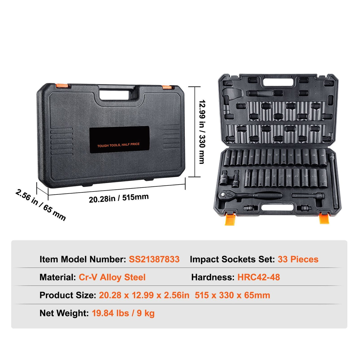 1/2" Drive Impact Socket Set, 33 Piece Socket Set SAE 3/8"-1" and Metric 10-24mm, 6 Point Cr-V Alloy Steel for Auto Repair, Easy-to-Read Size Markings, Rugged Construction, Includes Storage Case