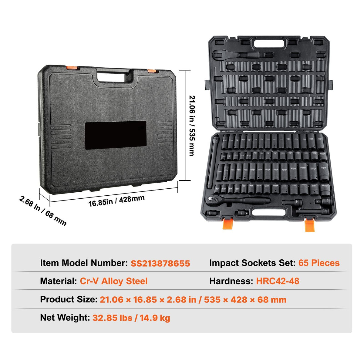 1/2" Drive Impact Socket Set, 65 Piece Socket Set SAE 3/8" to 1-1/4" and Metric 10-24mm, 6 Point Cr-V Alloy Steel for Auto Repair, Rugged Construction, Easy-to-Read Size Markings, Storage Case