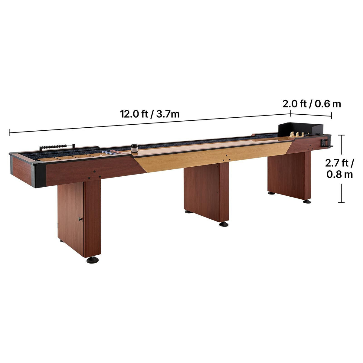 12 ft Shuffleboard Table, 2 in 1 Shuffleboard and Bowling Combo Set, Shuffle Board with Rustic Wood Finish, Scratch-Resistant Playfield, 8 Pucks, Bowling Set, Wax, Brush, for Family Game Room