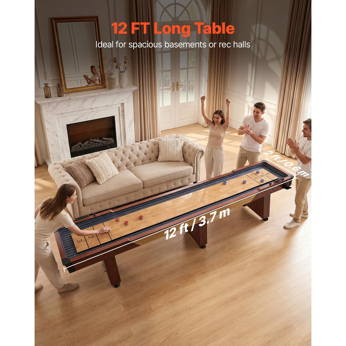 12 ft Shuffleboard Table, 2 in 1 Shuffleboard and Bowling Combo Set, Shuffle Board with Rustic Wood Finish, Scratch-Resistant Playfield, 8 Pucks, Bowling Set, Wax, Brush, for Family Game Room