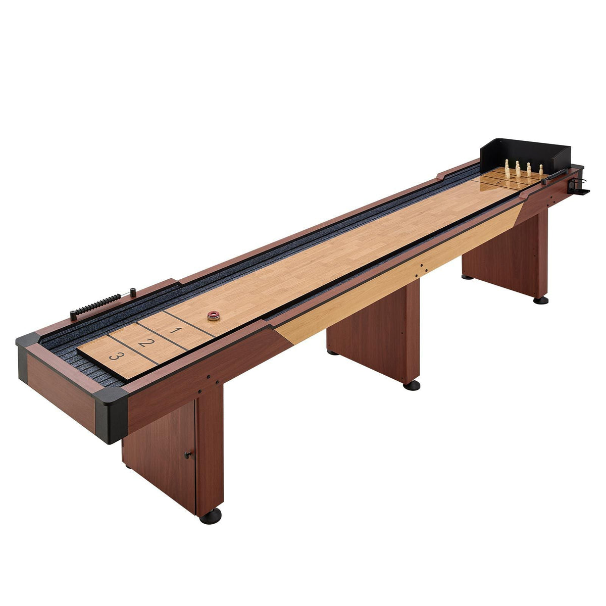 12 ft Shuffleboard Table, 2 in 1 Shuffleboard and Bowling Combo Set, Shuffle Board with Rustic Wood Finish, Scratch-Resistant Playfield, 8 Pucks, Bowling Set, Wax, Brush, for Family Game Room
