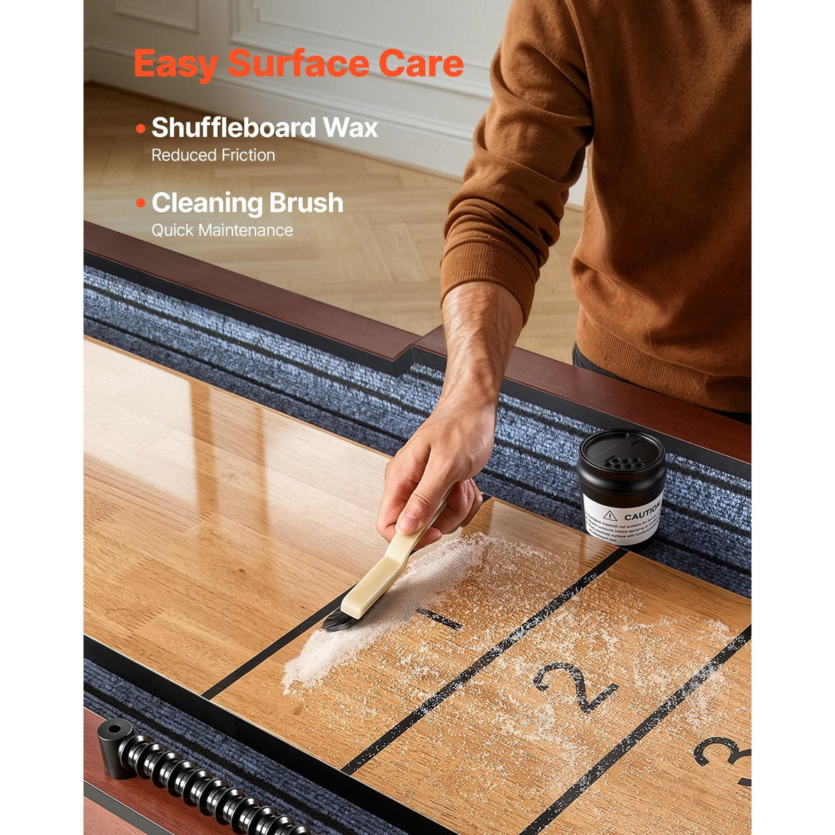12 ft Shuffleboard Table, 2 in 1 Shuffleboard and Bowling Combo Set, Shuffle Board with Rustic Wood Finish, Scratch-Resistant Playfield, 8 Pucks, Bowling Set, Wax, Brush, for Family Game Room