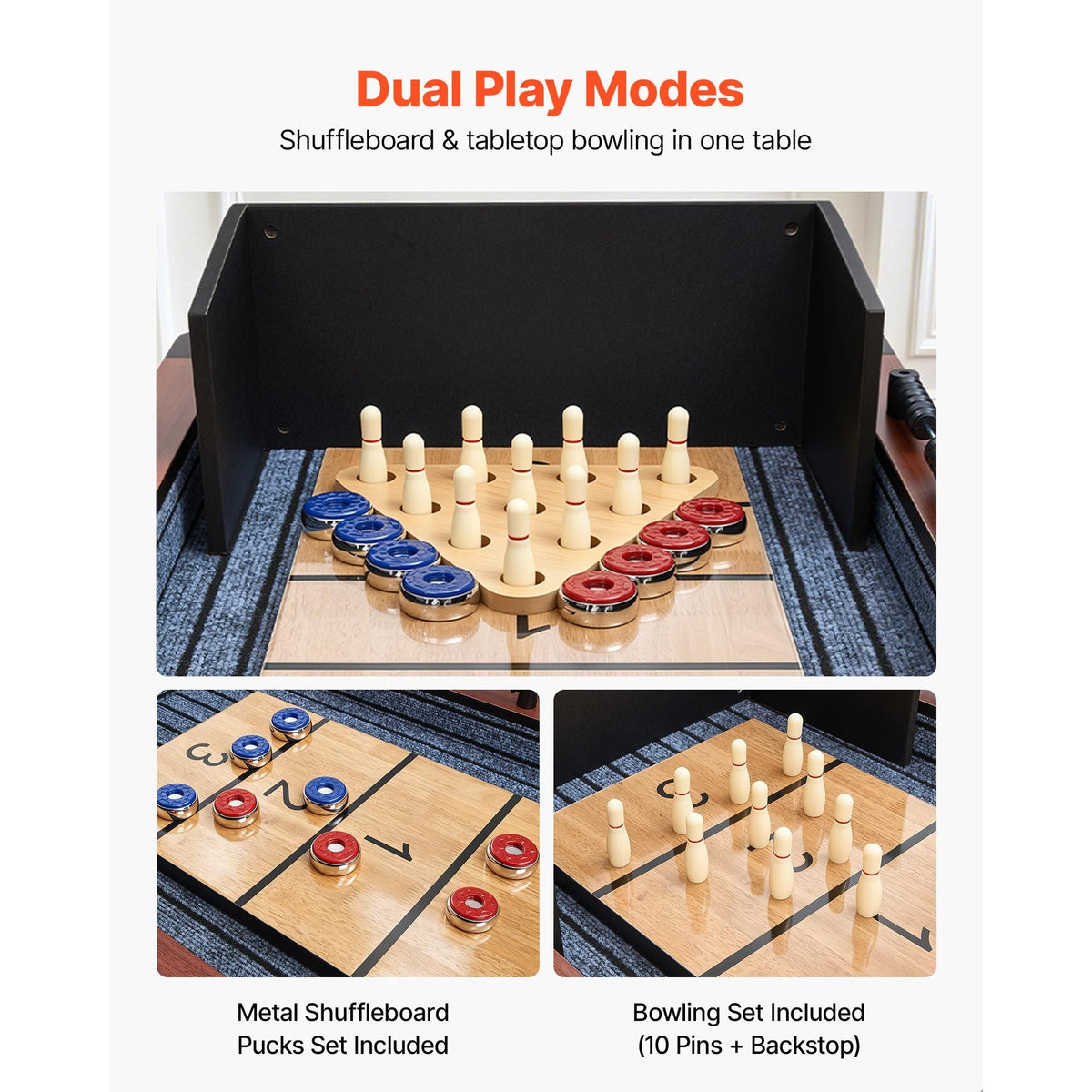 12 ft Shuffleboard Table, 2 in 1 Shuffleboard and Bowling Combo Set, Shuffle Board with Rustic Wood Finish, Scratch-Resistant Playfield, 8 Pucks, Bowling Set, Wax, Brush, for Family Game Room